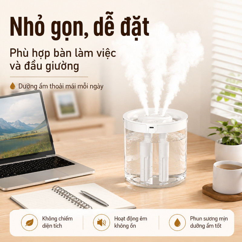 Máy Tạo Ẩm 1.5L Có Đèn Ngủ 7 Màu - Thiết Kế Hiện Đại, Vận Hành Yên Tĩnh, Cho Không Gian Sống Dễ Chịu & Cân Bằng Độ Ẩm