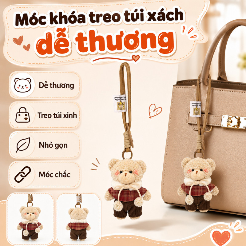 Mặt dây chuyền Mặt dây chuyền túi búp bê sang trọng dễ thương,Móc khóa, charm treo túi xách,Đồ chơi nhồi bông hình gấu