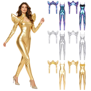 Nyeemya Nữ Kim Loại Sáng Bóng Trang Phục Lưng Zip Legging Bodycon Sling Áo liền quần Và Tương Lai Dài Tay Mở Phía Trước Crop Top Trang Phục Halloween