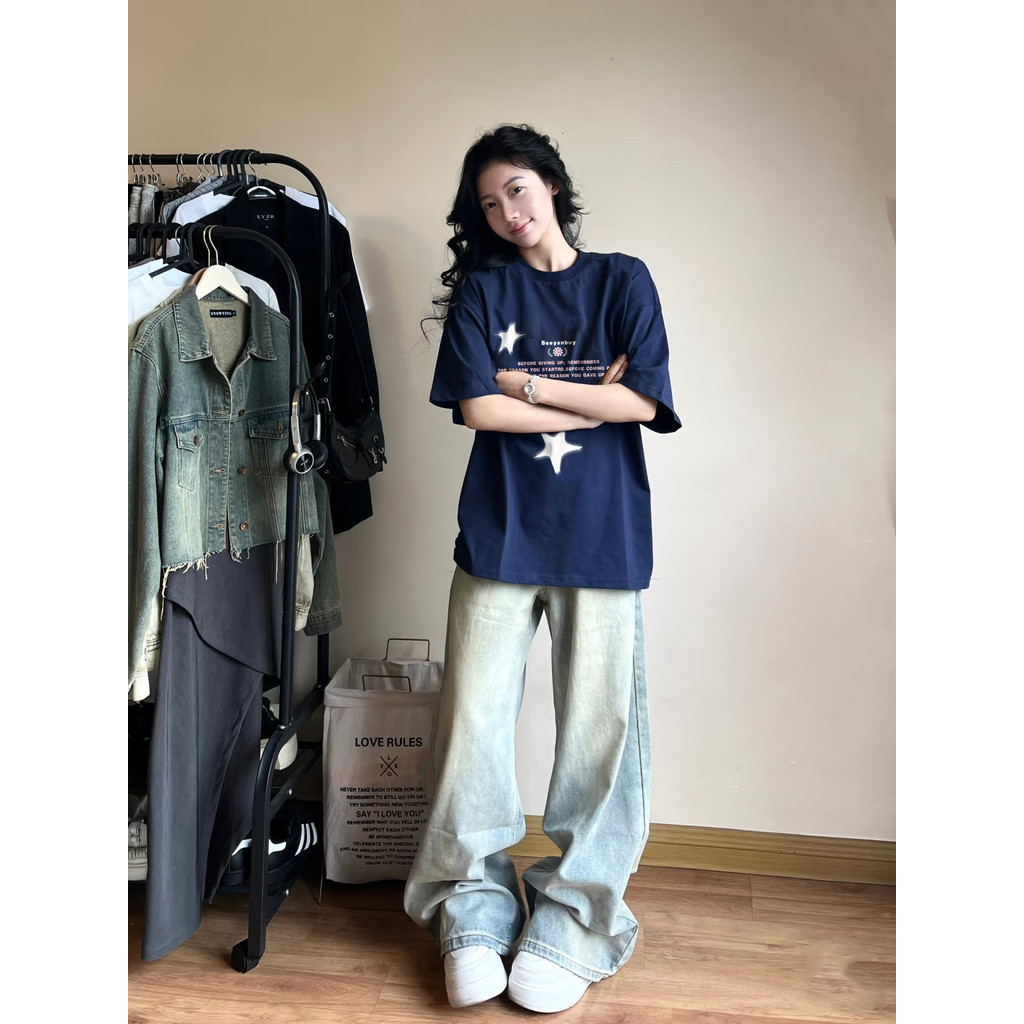 （Giao hàng 24h）Angela áo phông nữ cotton 100% Xanh đậm fashion  form rộng  áo style salute mùa hè  áo thun local brand