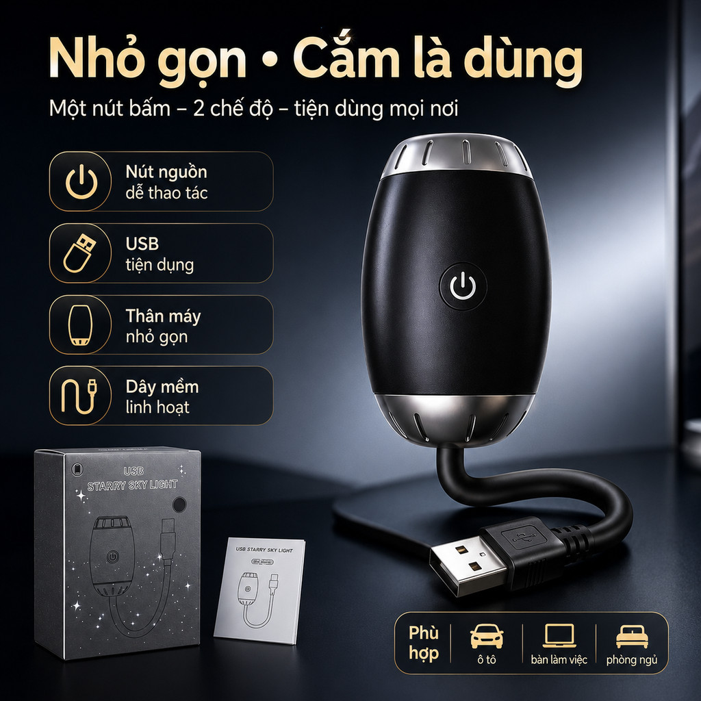 Đèn Chiếu Bầu Trời Sao USB – LED Trang Trí Trần Xe Hơi, Xoay 360°, Góc Chiếu Linh Hoạt, Cắm USB Tiện Lợi
