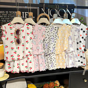 Shop Trẻ Em Tay Ngắn Phù Hợp Với Bé Gái Ren Homewear Bé Gái Băng Lụa Quần Short Hai Mảnh Quần Áo Trẻ Em