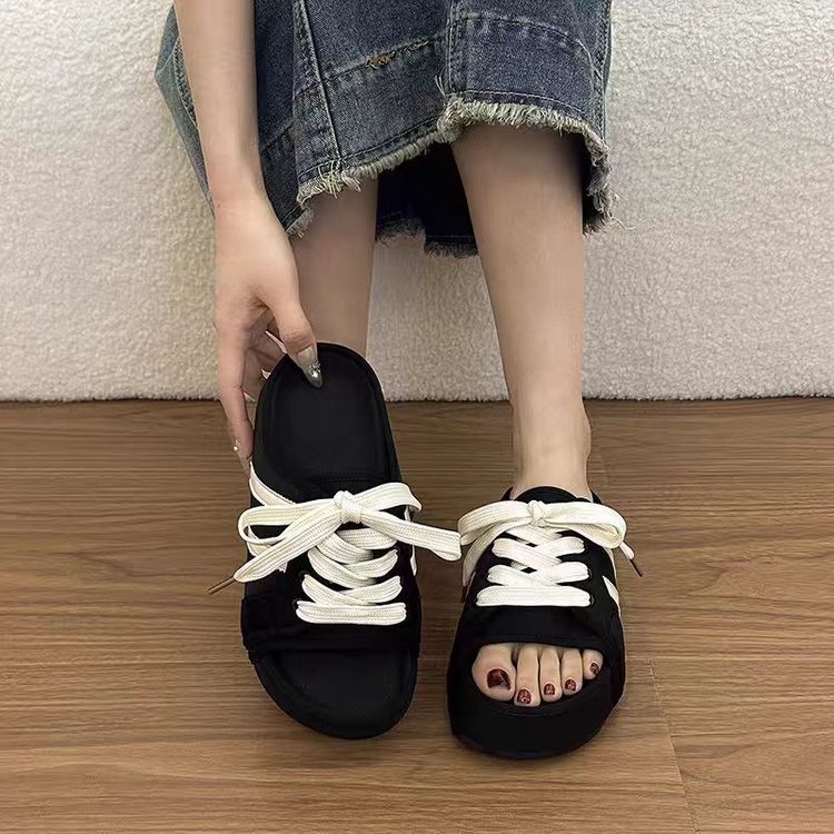 Mùa Hè Phong Cách Hàn Quốc Niche Mũi Tròn Đế Dày Mặc Bên Ngoài Dép PU Nữ Nâng Cao Chống Trơn Trượt Thoải Mái