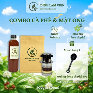 Combo Cà phê Robusta bột rang củi pha phin 500g và Mật ong hoa cà phê 500ml Gia Lai nguyên chất | Dĩnh Lâm Viên