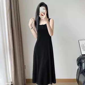 Váy dài có nút Ice Silk Sling Over-the-Knee Size lớn Phiên bản 100kg Bốn mùa đi chơi tại nhà Đầm công dụng kép