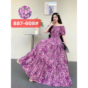 Váy dài lệch vai phong cách Hàn Quốc VN, họa tiết hoa cổ điển, thiết kế tay phồng che khuyết điểm, thích hợp cho phụ nữ mùa hè, định hình dáng ôm hơn 887
