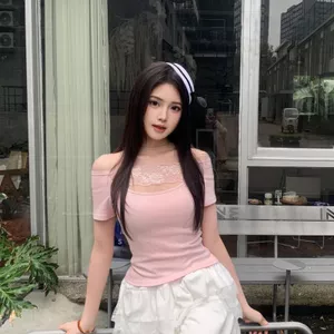 Áo thun ngắn tay một vai ren rỗng dành cho nữ mùa hè Pure Desire Sexy Slim-Fit Bott
