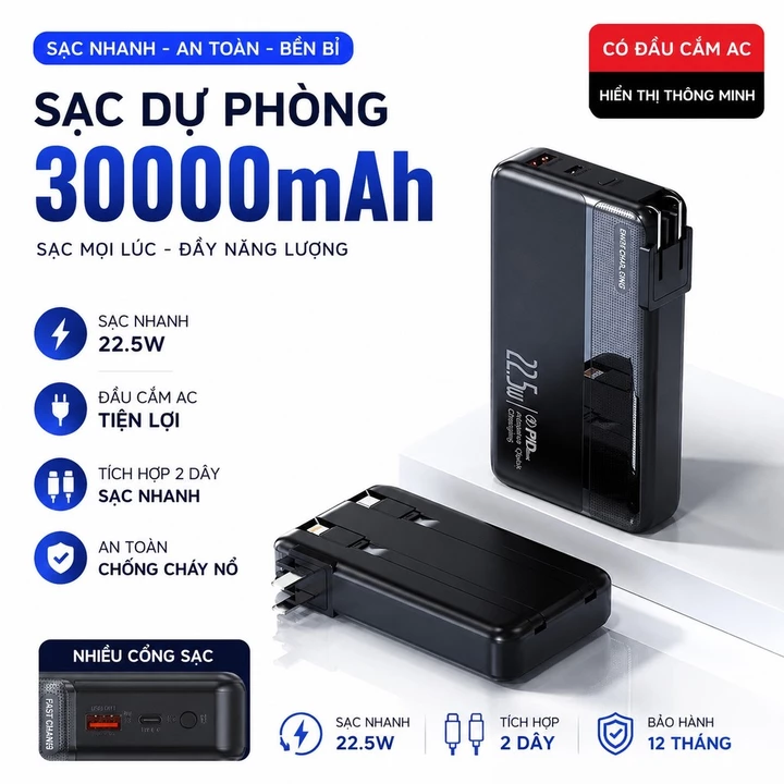 Sạc Dự Phòng Sạc Dự Phòng 30000mAh Đa Năng 3in1 Sạc Nhanh 22,5W Tích Hợp Dây Sạc Nhiều Thiết Bị