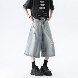 Quần crop denim đau khổ cao cấp phong cách đường phố cổ điển dành cho nam và nữ