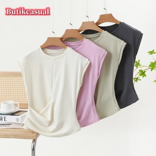 Áo thun nữ cotton không tay mỏng 2025 xuân hè thời trang mới xếp li đa năng áo thun dáng rộng áo sơ mi giản dị