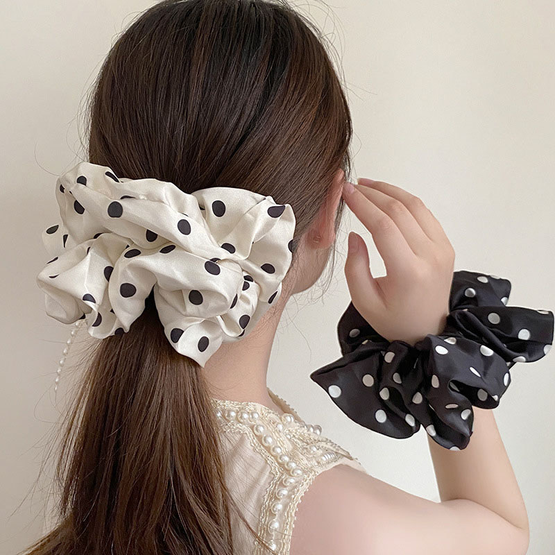 Cà vạt Satin chấm bi đen trắng cổ điển, Dây buộc tóc lớn mềm mại cho kiểu tóc hàng ngày thanh lịch