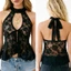 MAPLEPOET-Nữ Dây Cổ Sheer Tank Tops Không Tay Dây Buộc Phía Trước Keyhole Cutout Ngực Ren Hoa Áo Vest