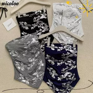 Áo ống quây NICOLOO, Áo ngực đính sequin thêu bướm tích hợp sequin Crop Top, viền không đều thoáng khí Thiết kế cốc cố định Áo Vest nữ Bandeau mặc mùa hè