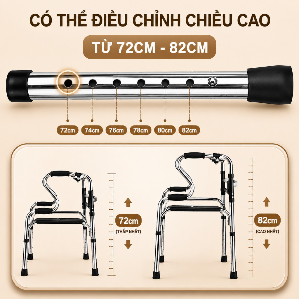 Khung tập đi inox cho người già người tai biến có ghế ngồi và bánh xe gấp gọn dễ cất giữ dụng cụ hỗ trợ đi lại an toàn