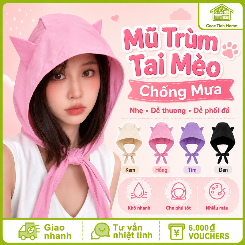 Mũ Chùm Đầu Chống Nắng Tai Mèo Dễ Thương, Mũ Trùm 3/4 Có Dây Đeo, Che Mặt Cổ Đi Chơi Du Lịch Đa Năng