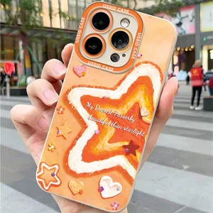 Ốp điện thoại silicon mềm dạng lỏng màu cam họa tiết ngôi sao cho iPhone11 12 13 14 15 16 17 Pro Max IP 7 8 Plus X XS XR