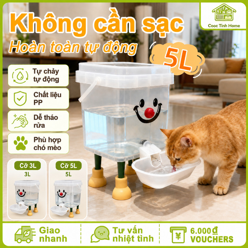 Máy Phun Nước Tự Động 3L/5L Trong Suốt Cho Thú Cưng, Bình Uống Có Bát Cho Chó Mèo Chất Liệu PP Dễ Làm Sạch
