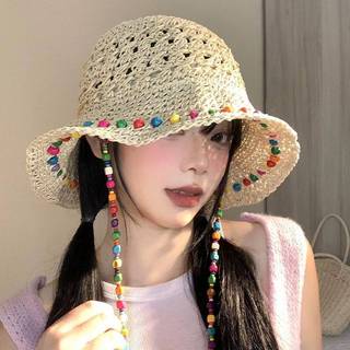 ELBBKG Mũ Rơm Hạt Gỗ Nhiều Màu Sắc Thời Trang Cho Nữ Vào Mùa Hè Với Vành Rỗng Lớn Mũ Chống Nắng Có Thể Gập Lại Mũ Ngư Dân Mới