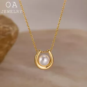 Vòng cổ ngọc trai mặt dây chuyền hình chữ U màu vàng 18K dành cho nữ Trang sức tối giản không phai màu