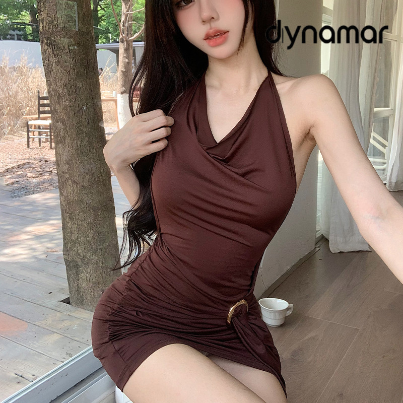 【dynamar】Đầm ôm dáng cổ xếp ly, đầm cổ trễ, đầm ngắn dáng chữ A cao cấp dành cho nữ phong cách hàn quốc