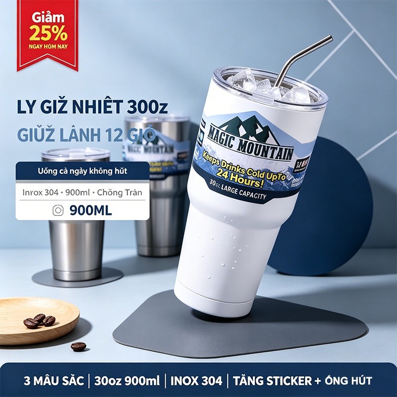 [Giảm 25%] Ly Giữ Nhiệt Inox 304 30oz 900ml Có Nắp Kín Chống Tràn Tặng Sticker Núi Ống Hút Inox Giữ Lạnh 12 Giờ Dùng Ô Tô Tập Gym Du Lịch Đa Năng Tiện Lợi An Toàn Thực Phẩm Bền Đẹp