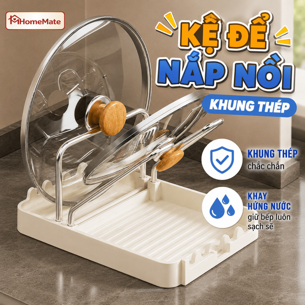 Kệ Để Nắp Nồi HomeMate Khung Thép Kèm Khay Hứng Nước, Giá Để Vung Xoong Nồi Đa Năng, Kệ Gác Muôi Vá Nhà Bếp Chịu Lực