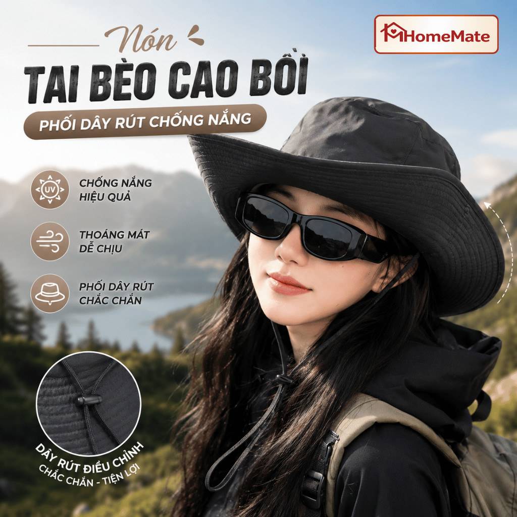 Mũ Tai Bèo Cao Bồi HomeMate Vành Rộng Có Dây Rút, Nón Bucket Chống Nắng Nam Nữ Phong Cách Nhật Bản Đi Biển Du Lịch