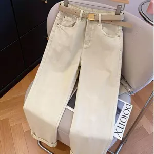 Quần jean cạp cao màu be hợp thời trang dành cho nữ mùa xuân Phong cách mới Kích thước lớn mơ được giặt thời trang Quần ống rộng