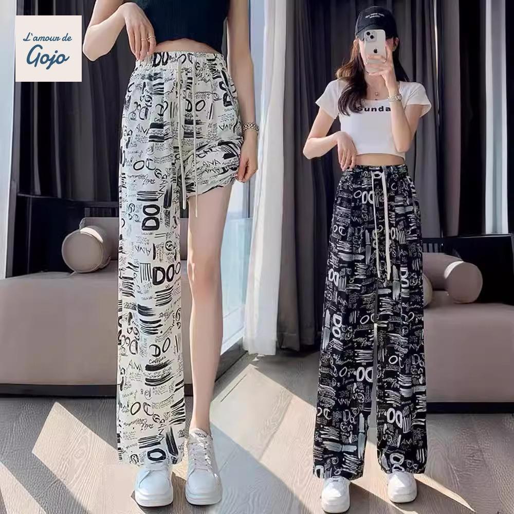 Quần ống rộng lưng cao dành cho nữ GOJO, Quần dây rút thẳng mùa hè Y2K, Quần Baggy thời trang in chữ thắt lưng thun