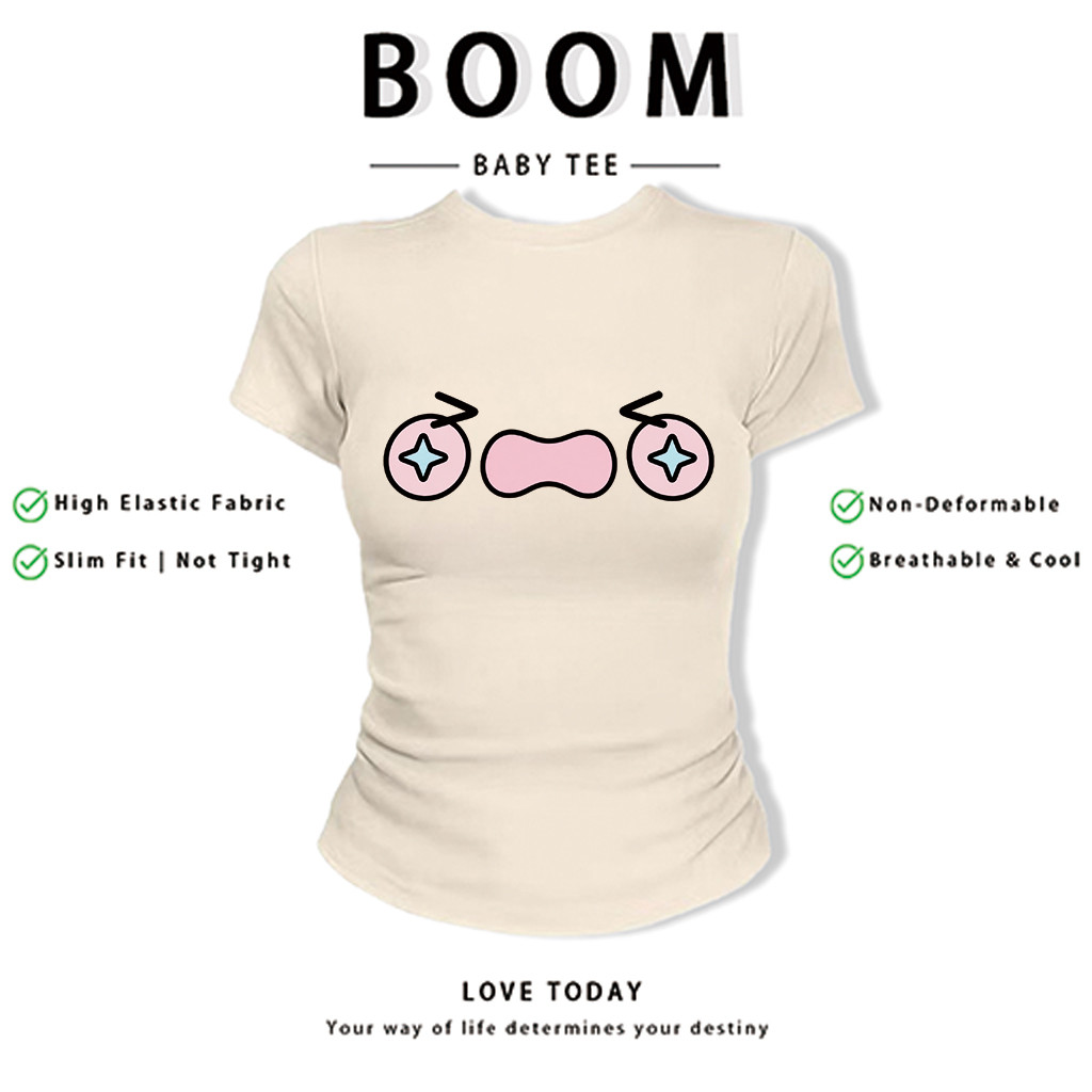 BOOM Áo Baby Tee Nữ Cotton Ôm Body-Áo Thun Ngắn Tay Y2K In Hình PhongCách Mùa Hè, Cổ Tròn Hàng Đầucách hàn quốc phong&92