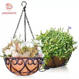 Chậu hoa PWSEND, Giỏ treo dây chuyền sắt thực vật xanh thịt sáng tạo, Chậu hoa Chlorophytum Comosum hợp thời trang Giỏ trồng cây tròn màu nâu dừa Châu Âu