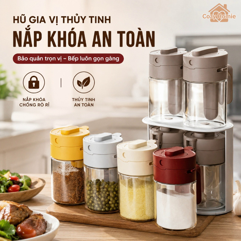 Hũ gia vị thủy tinh nắp khóa chắc chắn giữ khô ráo dễ quan sát chịu nhiệt dùng cho bếp gia đình dã