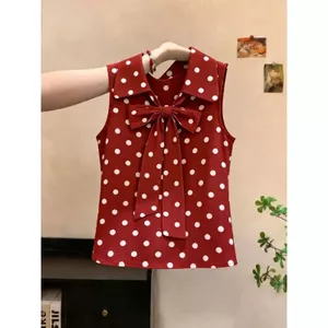 Áo sơ mi không tay chấm bi màu đỏ phong cách cổ điển Thắt nơ đi lại Giảm tuổi