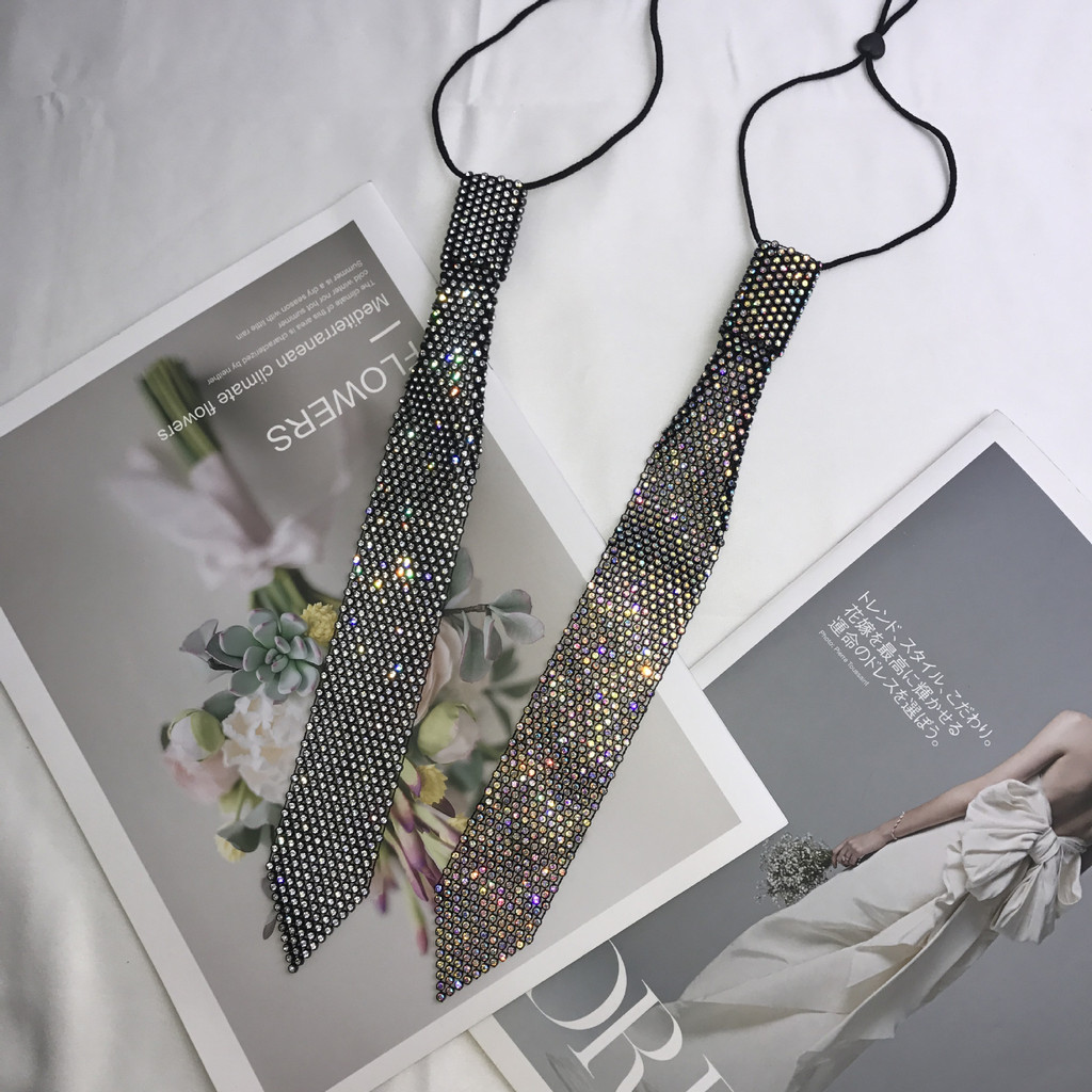 Áo sơ mi cà vạt nhỏ dành cho nữ trang trí bằng khăn quàng cổ kim cương giả lấp lánh, dây đeo cổ đen đẹp trai, cổ giả không thắt nút hợp thời trang