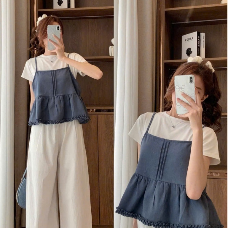 Set Đồ Nữ Áo Thun Trơn Cộc Tay Kèm Áo 2 Dây Xếp Ly Viền Bèo S800 Thời Trang Nữ