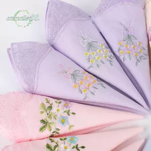 CATMALLER88 Vải thêu hoa, Khăn tay vuông có thể tái sử dụng bằng vải Cotton, Hoa ren mềm thanh lịch Hanky dành cho nữ