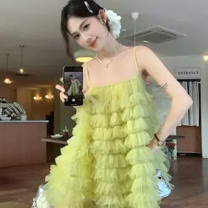Váy đeo chéo siêu cổ tích kỳ nghỉ kiểu Pháp Váy bánh gạc mềm mại mùa hè Váy ngắn