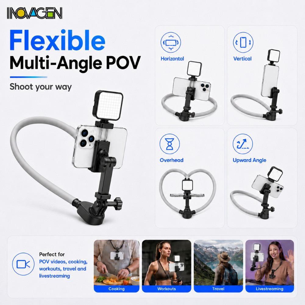 INOVAGEN POV Cổ Giá Đỡ Điện Thoại Chống Lắc Tay Vlog Gắn Đầy Ánh Sáng Cho Điện Thoại Thông Minh Hero 13 Action 5 Pro X4 Ace Pro 2 Du Lịch Ngoài Trời Thể Dục Ghi Âm Trực Tiếp