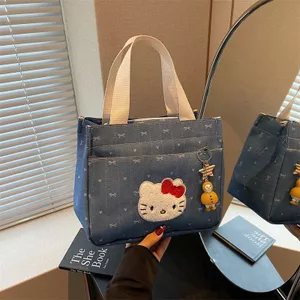 Túi Bento Dung Tích Lớn Túi Vải Dễ Thương Đơn Giản Denim kitty Túi Xách Phù Hợp Với Di Động Đi Chơi Hộp Cơm Trưa Bento Túi Xách