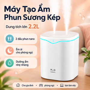 Máy Tạo độ ẩm Phun Sương đôi Dung Tích Lớn 2.2L Cho Gia đình, Yên Tĩnh Cho Phòng Ngủ, Thiết Bị Bổ Sung Nước Thần Kỳ