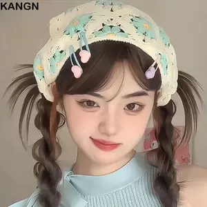 Mũ trùm đầu KANGN, Băng đô hình tam giác hoa cúc phong cách mục vụ kiểu Pháp, Móc thủ công ngọt ngào Dệt kim hoa dâu tây cho bé gái băng đô cho mùa xuân hè ngoài trời