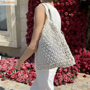 Túi Tote dệt OUSXA, Túi lưới móc thủ công rỗng, Túi đi biển dệt kim rơm dung tích lớn Bohemian Mùa hè