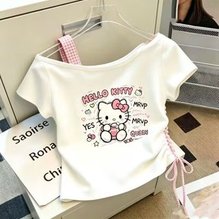 Áo thun lệch vai bé gái phong cách Hàn Quốc - Tay ngắn rút dây thời trang, áo hè cá tính cho bé