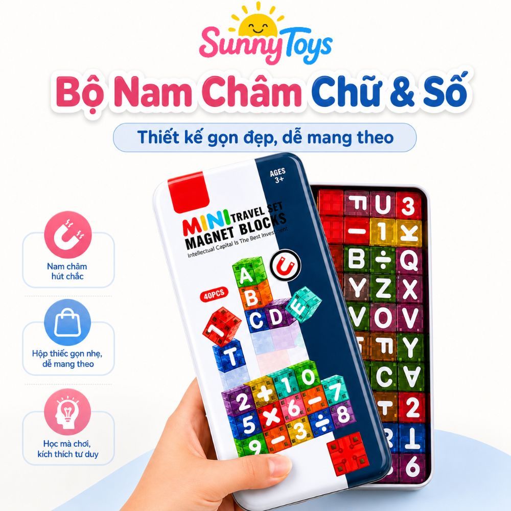 Bộ Nam Châm Chữ Cái Và Chữ Số SunnyToys 40 Chi Tiết - Kèm Hộp Sắt Cho Bé Vừa Học Vừa Chơi