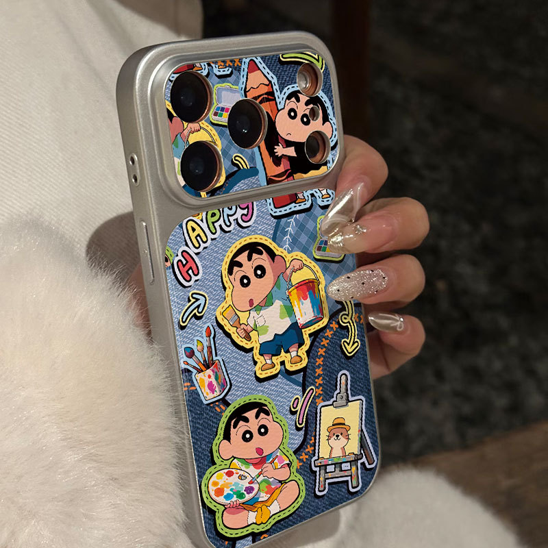 Ốp lưng iPhone Họa tiết da mạ Tím Crayon họa tiết Shin-chan iPhone 17 16 15 14 13 12 11 Pro Max Plus Max