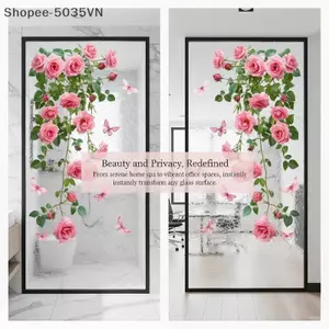 {AKIN} 1 Decal dán cửa sổ hình bướm hoa hồng hồng màu xanh lá cây tự dính để trang trí kính phòng khách gia đình {a}