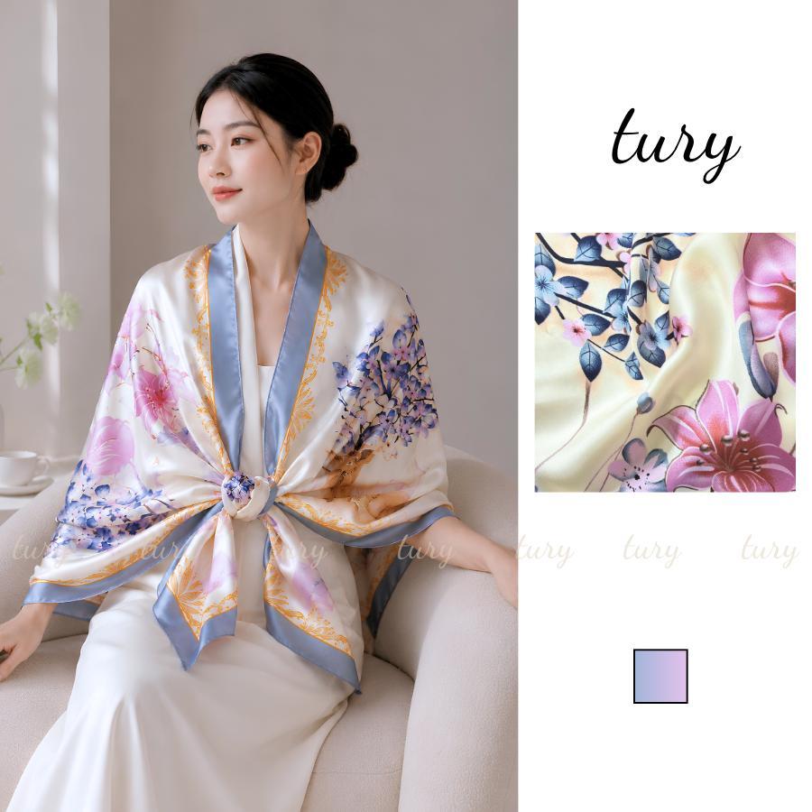 Khăn Choàng Lụa Nữ - Tury - Khăn Lụa 90x180cm Họa Tiết Nai Và Hoa - KS130