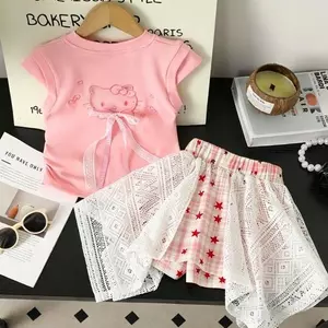 Bé gái (90-150) Áo rỗng hoạt hình phong cách mới mùa hè + Bộ đồ hai mảnh ren thời trang