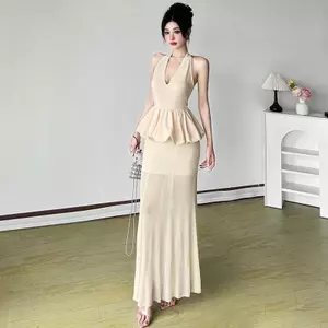 Pháp Pure Desire Gạc Khâu xuyên thấu Váy dây xếp li nữ che eo thon gọn hơn Váy dài Tính khí Giả Hai