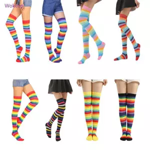 Woke Nữ Bé Gái Lạ Mắt Cầu Vồng Nhiều Màu Sắc Sọc Trên Đầu Gối Tất Dài Halloween Cospla